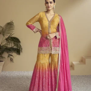 Orange Chinon Fabric Partywear Sharara Salwar Suit